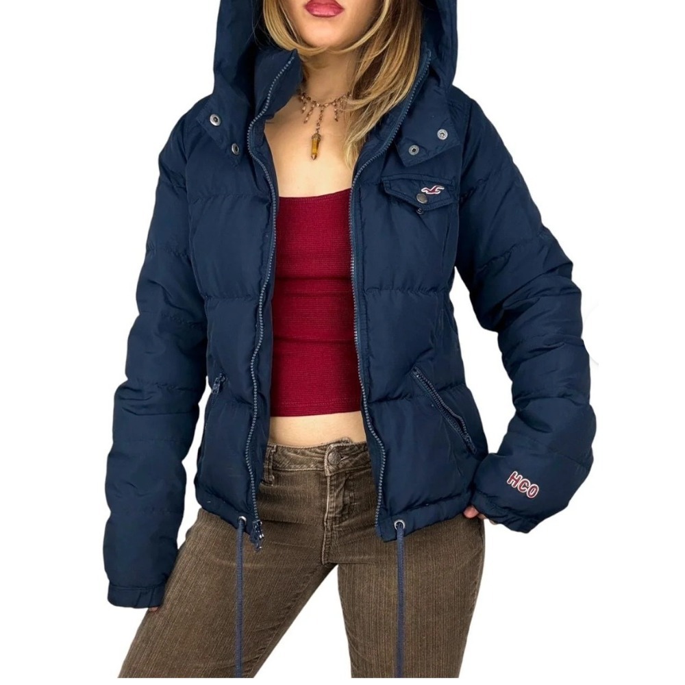 2000's Hollister Navy Blue Hooded Puffer Jacket Down Quilted Coat Large Y2K